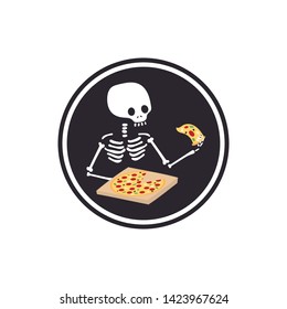 Skeleton and pizza. It can be used for sticker, patch, phone case, poster, t-shirt, mug etc.