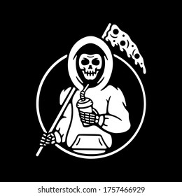 skeleton with pizza and cocktail 