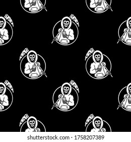 skeleton with pizza and cocktail seamless pattern