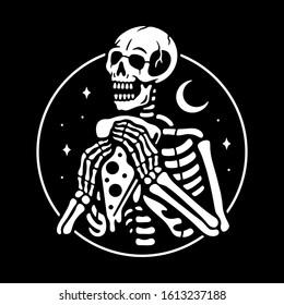 Skeleton with pizza on black background