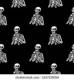 Skeleton with pizza seamless pattern