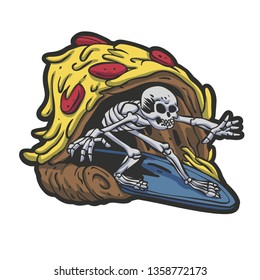 Skeleton pizza surf cartoon - Vector illustration
