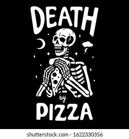 Skeleton with pizza text on black background