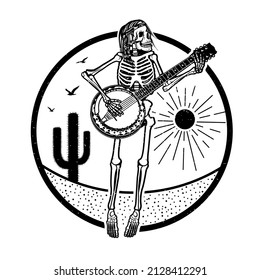 Skeleton Playing A Banjo. Vector Illustration.