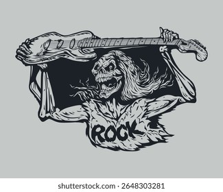 Skeleton Playing Electric Guitar Drawing Art Print. Cartoon Vector Illustration.   