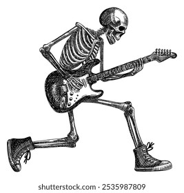 skeleton playing an electric guitar isolated on white background hand drawn sketch halloween card design element line art detailed vector illustration