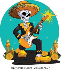 Esqueleto tocando guitarra eléctrica en sombrero rodeado de velas y flores de caléndula - Ilustración vectorial gráfica de arte Pop de dibujos animados