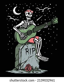 esqueleto tocando guitarra en ilustración grave