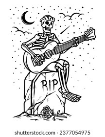 skeleton playing guitar in grave line illustration