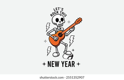 Skeleton Playing Guitar, New Year Vector T Shirt Design Template, Wall Art, Mug, Sticker, Banner, Tee, Hoodie, Printable, Illustration