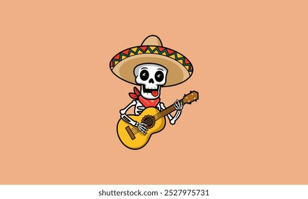 Esqueleto tocando guitarra usando um sombrero e cachecol