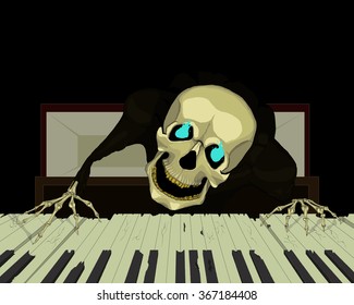 skeleton is playing the piano on the background of the grave/skeleton pianist