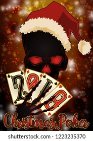 Skeleton playing poker. Happy New 2019 Year card, vector illustration