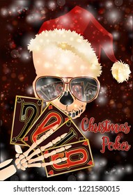 Skeleton playing poker. New 2019 Year greeting banner, vector illustration