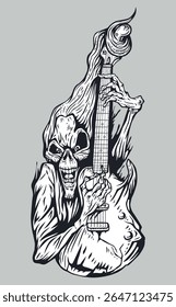 Skeleton Playing Rock Guitar Drawing Art. Cartoon Vector Illustration.   