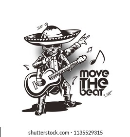 Skeleton plays guitar  T shirt Graphic Design with text of demove the beat, vector illustration.