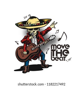 Skeleton plays guitar  T shirt Graphic Design with text of demove the beat, vector illustration.
