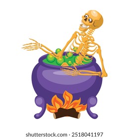 Skeleton in poisonous steam over the cauldron. Halloween sticker. Vector illustration.