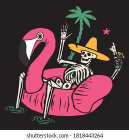 Skeleton in pool flamingo having drink. Tropical vacation character relaxing. Funny t-shirt print.