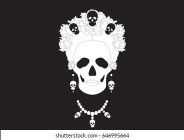 skeleton, portrait of Mexican Catrina with skulls and flowers , inspiration Santa Muerte in Mexico and la Calavera , vector illustration isolated in black and white