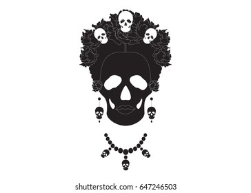 skeleton, portrait of Mexican Catrina with skulls and flowers , inspiration Santa Muerte in Mexico and la Calavera , vector illustration isolated in black and white. Day of the dead Mexico icon