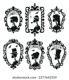 Skeleton Portrait Silhouette Vintage antiken Rahmen schwarz monochrome Set Vektorgrafik. Altes Bild menschlicher Toter Frau elegante Hut, aber Spinne Netz altmodische curl florieren Grenze