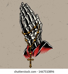 Skeleton praying hands with rosary in vintage style isolated vector illustration