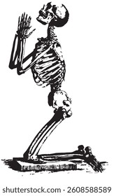 skeleton praying on his knees, detailed vector in black and white