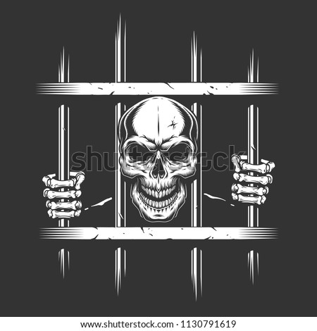 skeleton prisoner behind bars. Dark vector illustration
