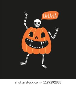 Skeleton in the pumpkin costume. Greeting card for Halloween. Cute and funny vector design.