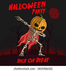 skeleton with pumpkin head dabbing dance illustration vector graphic