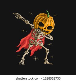 skeleton pumpkin head dabbing dance illustration vector graphic