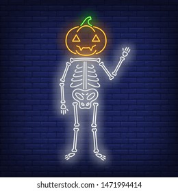 Skeleton with pumpkin head neon sign. Halloween party, autumn design. Night bright neon sign, colorful billboard, light banner. Vector illustration in neon style.
