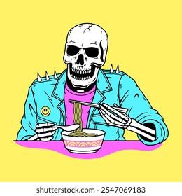 SKELETON PUNK IN A LEATHER JACKET EATS RAMEN COLOR BACKGROUND