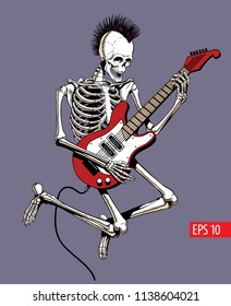 Skeleton punk rock guitar player jumps. Vector illustration.