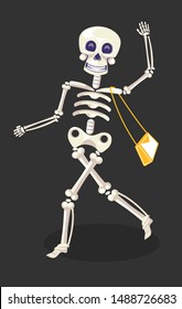 Skeleton with purse, Day Of dead, Mexican holiday symbol, Dia De Los Muertos party vector. Walking and waving skull and bones with accessory. Calaca wearing bag, national festival celebration