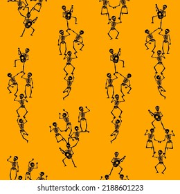 Skeleton pyramids, funny Halloween seamless pattern in orange, black colors. Repeating background