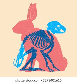 Skeleton of rabbit, bunny. Colorful cute screen printing effect. Riso print effect. Vector illustration. Graphic element  for fabric, textile, clothing, wrapping paper, wallpaper, poster. 