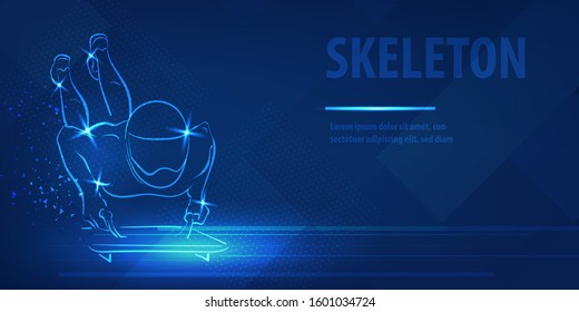 Skeleton racer on luge silhouette neon banner. Speed skating sport. Ice skiing race. Blue neon horizontal banner. Olympic winter games. Skeleton man fugure in blue neon winter sport vector background