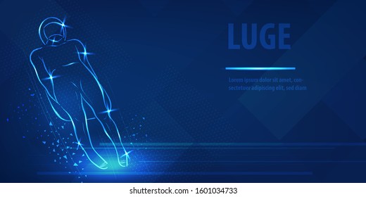 Skeleton racer on luge silhouette neon banner. Speed skating sport. Ice skiing race. Blue neon horizontal banner. Olympic winter games. Skeleton man fugure in blue neon winter sport vector background