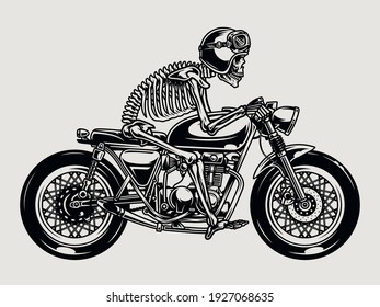 Skeleton racer riding brat style motorcycle in vintage monochrome style isolated vector illustration