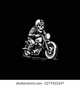 Skeleton racer riding motorcycle in vintage