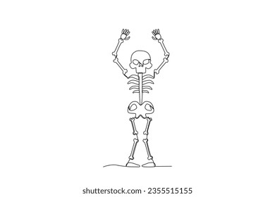 A skeleton raised both hands up. Human skeleton one-line drawing