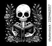 Skeleton reading a book. Black and white skeleton with book and flowers. Floral frame. Gothic book lovers. Minimalist vector illustration.