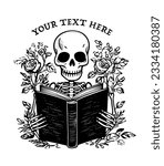 Skeleton reading a book. Black and white skeleton with book and flowers. Floral frame. Gothic book lovers. Minimalist vector illustration.