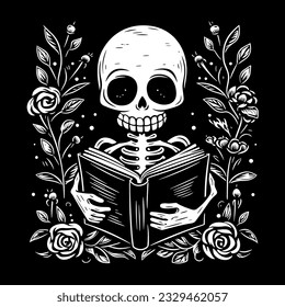 Skeleton reading a book. Black and white skeleton with book and flowers. Floral frame. Gothic book lovers. Minimalist vector illustration.