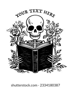 Skeleton leyendo un libro. Esqueleto blanco y negro con libros y flores. Marco floral. Amantes del libro gótico. Ilustración vectorial minimalista.