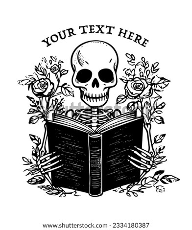 Skeleton reading a book. Black and white skeleton with book and flowers. Floral frame. Gothic book lovers. Minimalist vector illustration.