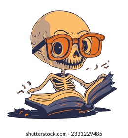 Skeleton reading book, funny concept Halloween, vector illustration.