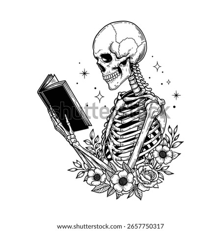  Skeleton Reading Book, Gothic Floral Skeleton, Spooky Book Lover, Skull Reading Art